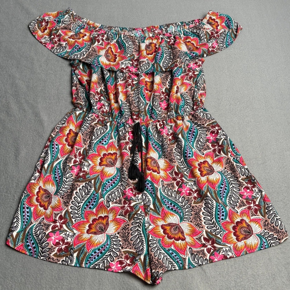 Xhilaration Womens XXL Floral Off The Shoulder Romper Tassel Waist Pink Teal